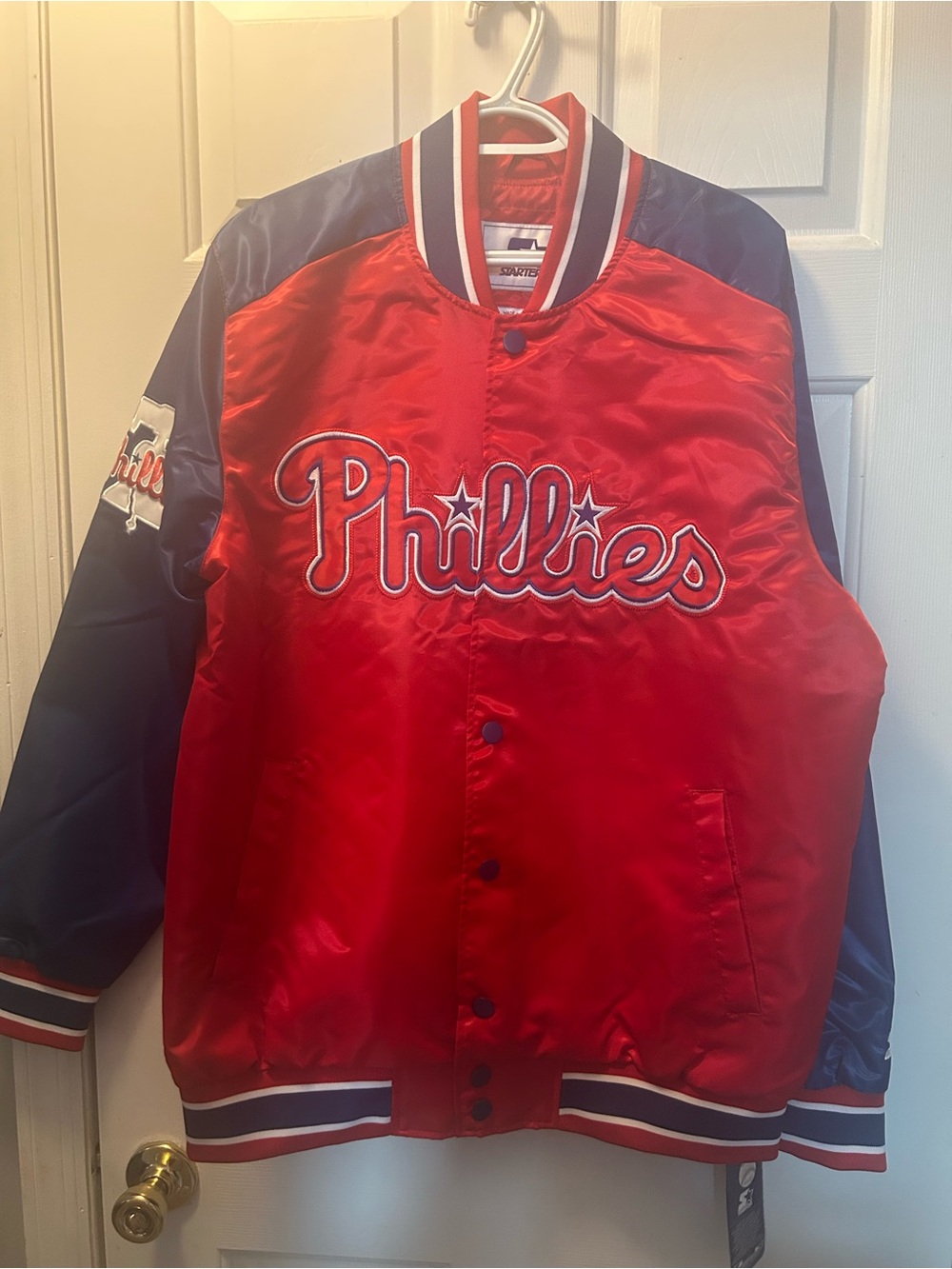 STARTER Red and Navy Satin Phillies Bomber Jacket